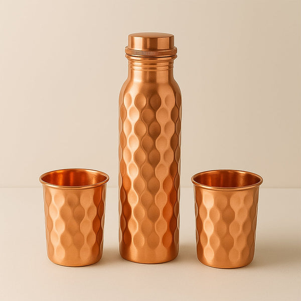 Copper Water Bottle 2 Glasses with Gift Box (3 Pcs Set)