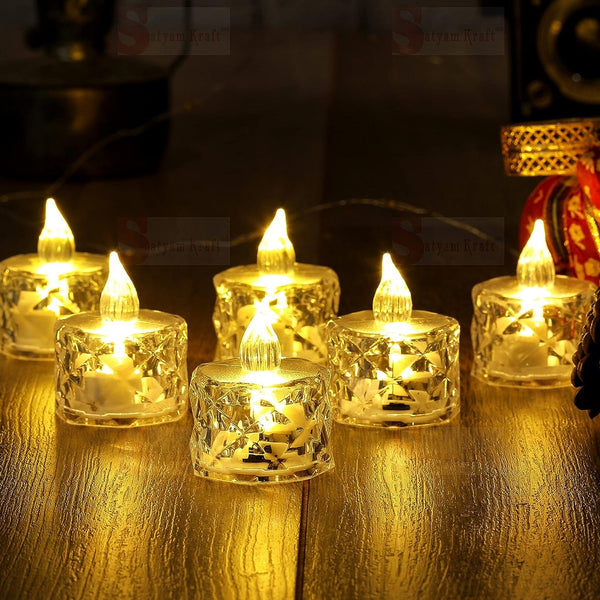 12 Pcs Flameless and Smokeless Decorative Acrylic Candles Transparent Led Tea Light Candle for Gifting, House, Diwali, Christmas, Festival, Events Decor Candles, Diwali